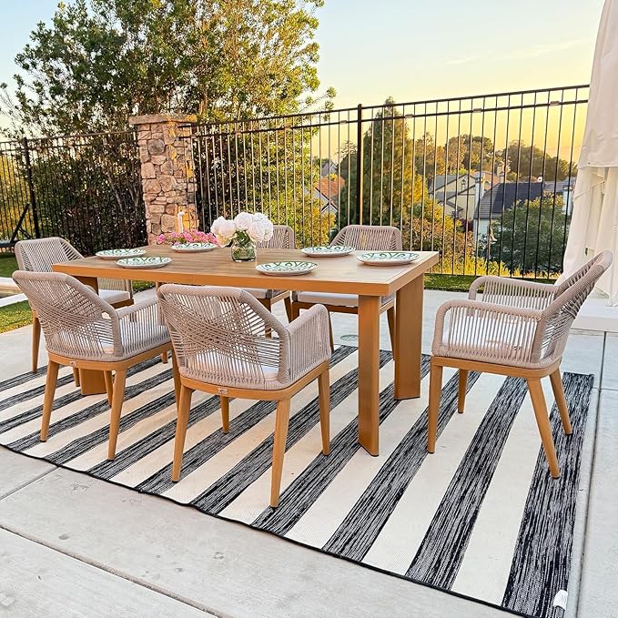 PURPLE LEAF 7 Pieces Patio Dining Set Aluminum Modern Rectangular Table and Rattan Arm Chairs with Cushions for Kitchen Porch Garden Outdoor Furniture Set with Bar Stools, Teak