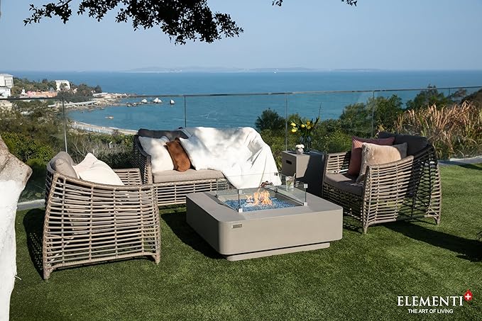 Elementi+ | Lucerne Gas Fire Pit Cast Concrete 42" Square Fire Table, Outdoor Fire Pit Electronic Ignition | Canvas Cover, Fire Glass and Burner Lid Included | Light Gray | Propane Gas