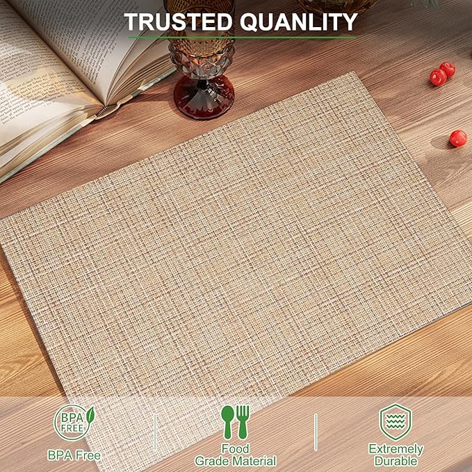 BETEAM Placemats Set of 6, Woven Vinyl Placemat for Dining Table Washable Wipeable Kitchen Place Mats Durable Indoor Outdoor Table Mats