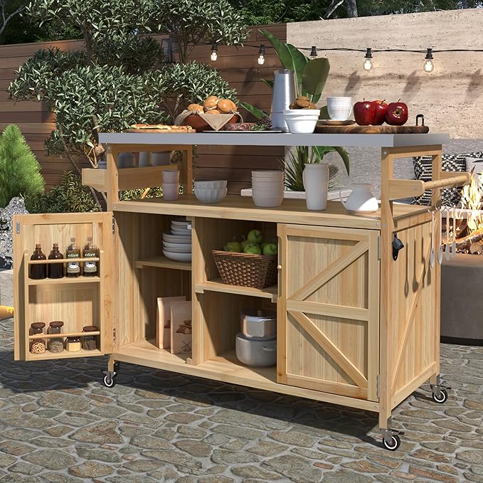 Grill Table,Rolling Bar Cart, Storage Cabinet, Artificial Board,with Stainless Steel Top, Spice Rack, Towel Rack, Storage Space,Kitchen,Outdoor