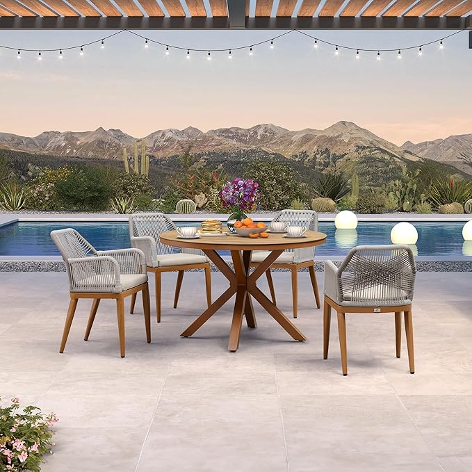 PURPLE LEAF 5 Pieces Patio Round Dining Set Aluminum Oversize Round Table and Rattan Arm Chairs with Cushions for Kitchen Porch Garden Modern Outdoor Furniture Sets