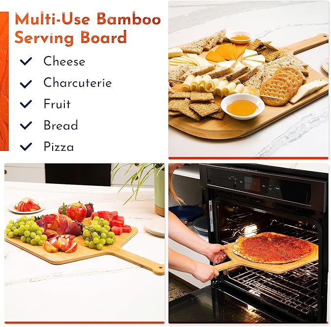 Loftern Wooden Pizza Peel 14 Inch Board with Engraved Sizes - Multi-Purpose Bamboo Pizza Cutting Board, Wood Pizza Peel, Pizza Spatula Paddle, and Serving Board with Size and Cutting Guide
