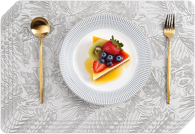 POLYTE Indoor/Outdoor Washable Embossed Vinyl Faux Leather Table Dining Placemats, Set of 4