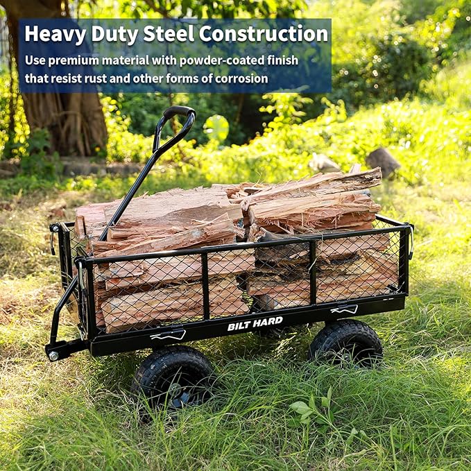 BILT HARD 400 lbs 10" Rubber Tires Steel Garden Cart with 180° Rotating Handle and Removable Sides, 4 Cu.Ft Capacity Utility Heavy Duty Garden Carts and Wagons