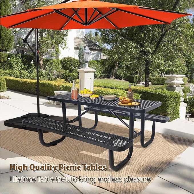 4 FT Metal Picnic Tables for Outside, Outdoor Coated Steel Heavy Duty Commercial Picnic Table with Benches, Patio Table Rectangular Furniture Set for Garden, Lawn, Shops, Parks