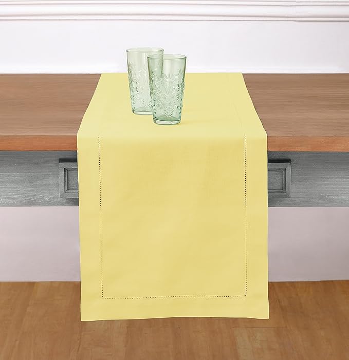 Solino Home Yellow Table Runner 48 Inches - Cotton Linen Hemstitch Coffee Table Runner 14 x 48 Inch Ideal for Dresser Tables, Spring, Easter