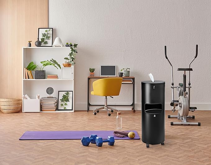 Zahari Home Stainless Steel Floor Stand Wipe Dispenser with Built-in Trash Can. Perfect for Gyms, Schools, Offices. Easy to Move with 360 Rotatable Wheels, Black