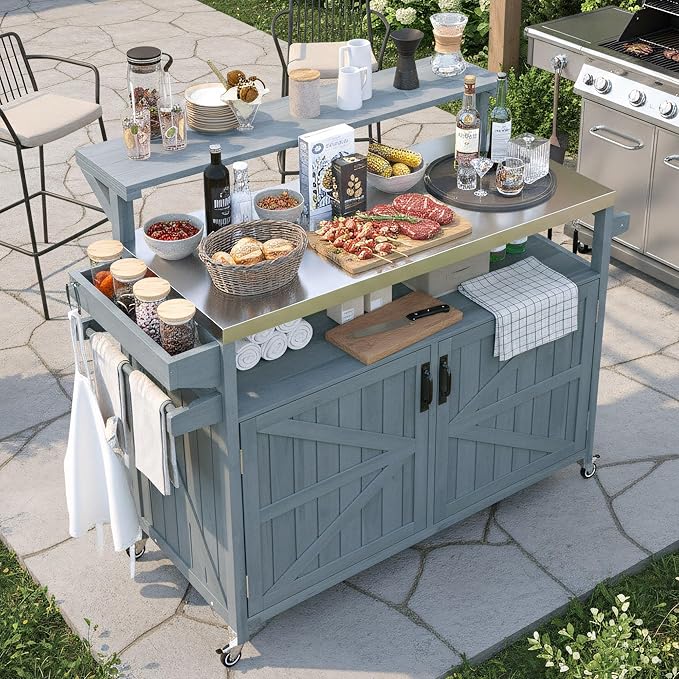 53.3" Outdoor Kitchen Island with Stainless Steel Top, Rolling Grill Cart with Adjustable Shelves, Raised Shelf, Lockable Wheels, Portable Outdoor Table and Bar Storage Cabinet for Patio