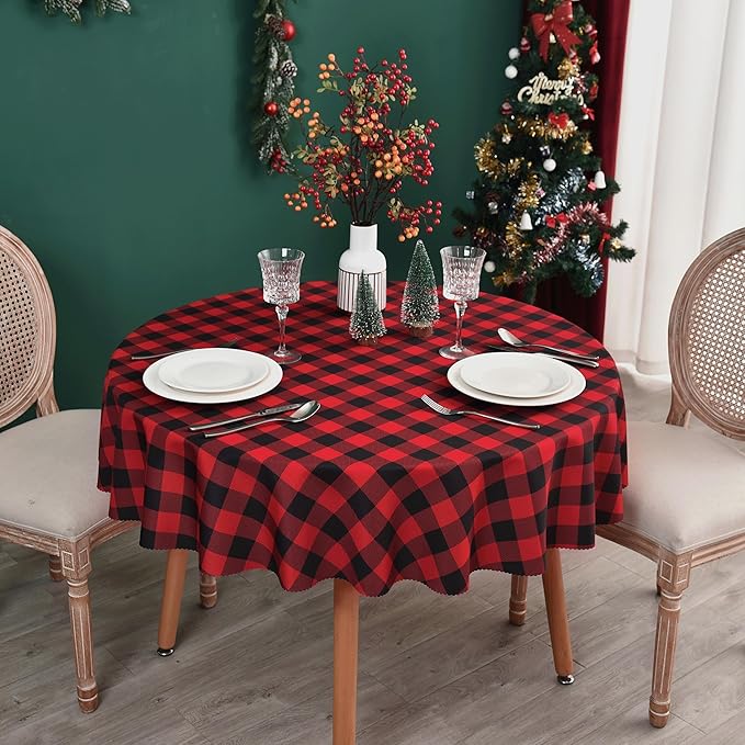 Waterproof Plaid Tablecloth Fabric - Round 90 Inch Classic Gingham Checker Table Cloth for Indoor/Outdoor Use - Buffalo Table Cover for Picnics, BBQs, and Parties