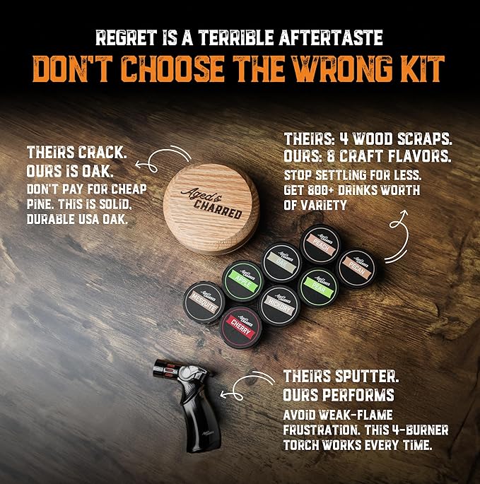 Whiskey Smoker Kit with Torch - 8 Flavors Wood Chips - Bourbon Gifts for Men, Cocktail Smoker kit - USA Oak Smoke Lid (No Butane)