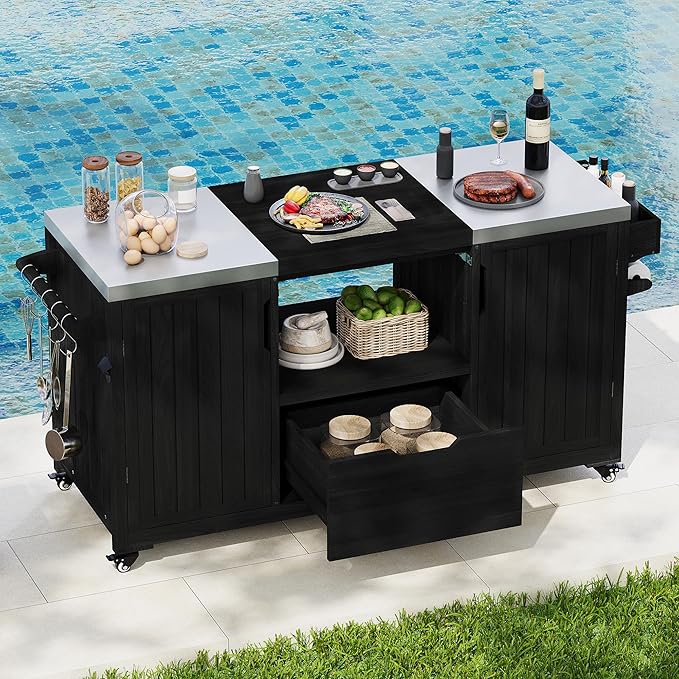 Merax 66.5" Outdoor Grill Table for Big Green Egg, Farmhouse Kitchen Island on Wheels with Stainless Steel Tabletop, Drawer and Spice Rack, Solid Wood Outdoor Storage Cabinet for Backyard, Black