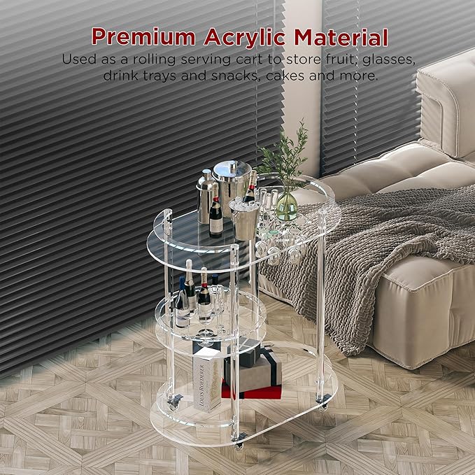 Dethan Acrylic Bar Cart with 4 Lockable Wheels, Clear 3-Tier Rolling Serving Cart with Glass Holder, Oval Modern Home Beverage for Kitchen, Dining Living Room, Space-Saving, 15" D x 23.6" W x 32.3" H