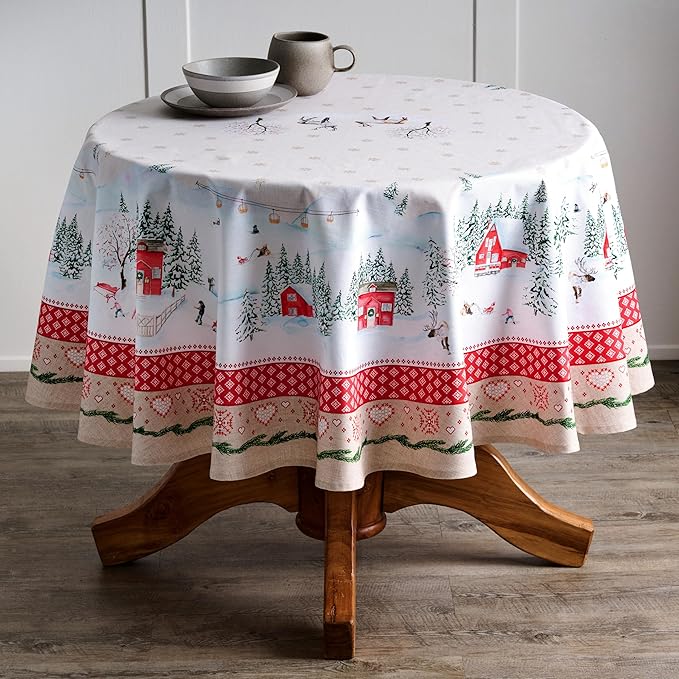 Maison d' Hermine Table Cloth Round Table 100% Cotton 69 Inches Fall Tablecloth Reusable Everyday Use for Thanksgiving Christmas Decorations Dining Farmhouse Party (Rural Christmas)