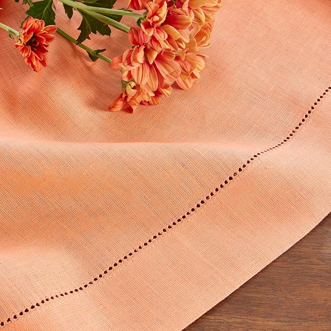 Solino Home Linen Coral Table Runner 144 Inches Long - 100% Pure Linen Extra Long Table Runner 14 x 144 Inch for Valentines, Spring, Easter - Classic Hemstitch