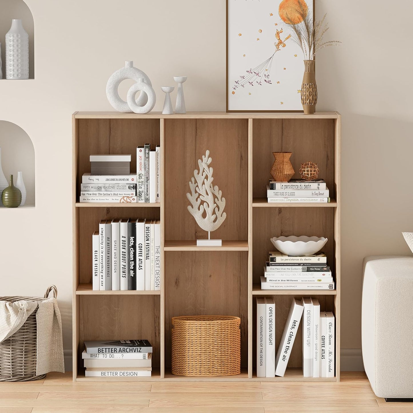 Wooden Cube Storage Organizer with Closed Back Panel, 11in Cube Shelf Opening, Bookshelf, Display Shelf,Closet Cabinet for Home and Office (White Oak, 8-Cube 35.98L*9.45W*35.91H)