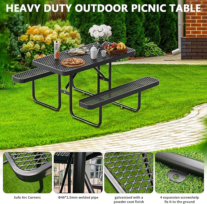 4 FT Metal Picnic Tables for Outside, Outdoor Coated Steel Heavy Duty Commercial Picnic Table with Benches, Patio Table Rectangular Furniture Set for Garden, Lawn, Shops, Parks