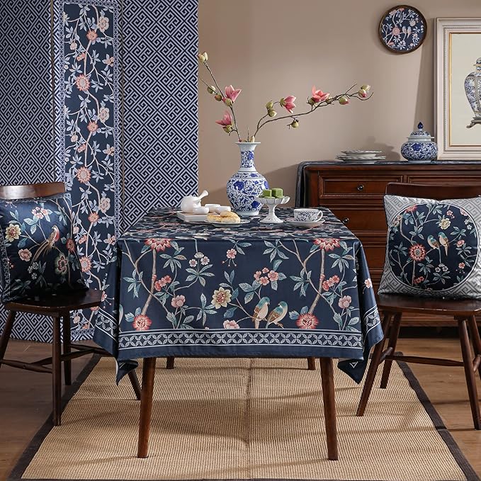 patdrea Designer Dark Blue Linen Rectangular Tablecloth,Vintage Navy French Floral and Birds Pattern Table Cloth,Decoration Table Cover for Kitchen,Dining,Tea Party,Home,Christmas,67"*118"
