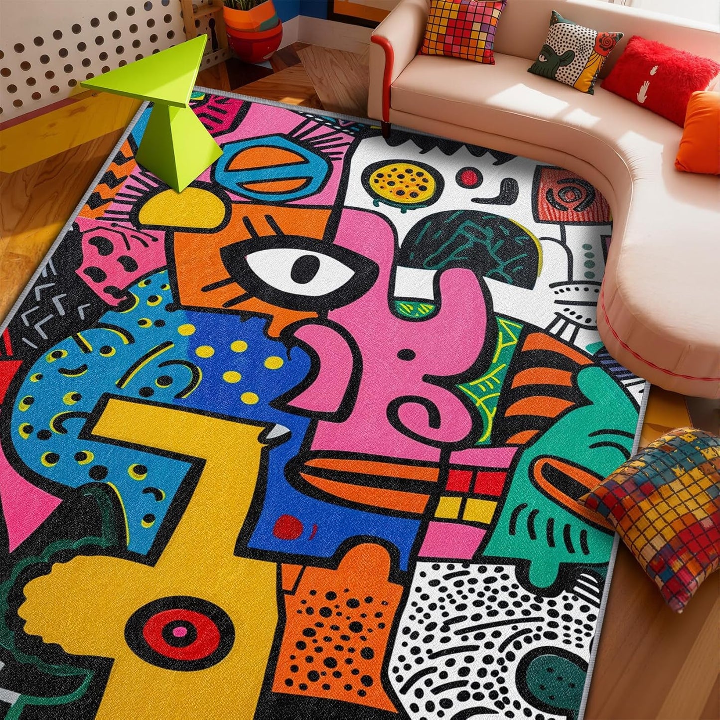 Abstract Rug 5x7-3x5 Rug - Abstract Rug - Colorful Pop Art Area Rug - Modern Geometric Graffiti Rugs - Multicolor Artistic Carpet - Home Decor