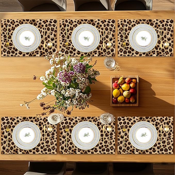 Leopard Skin Texture Placemats Set of 6, Placemats Washable Kitchen Dining Linen Table Mats Stain Heat-Resistant for Home Party Indoor 12x18 inch