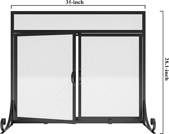 Flat Fireplace Screen with Doors,Solid Wrought Iron Frame with Metal Mesh, Flat Panel Decorative Fireplace Screen with Modern Design, Free Standing Spark Guard