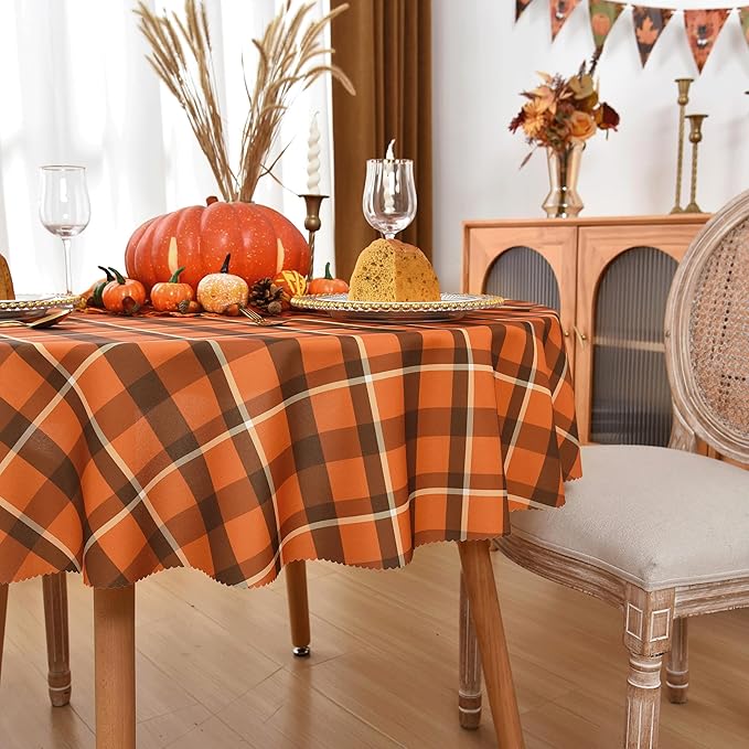 Waterproof Plaid Tablecloth Fabric - Round 58 Inch Classic Gingham Checker Table Cloth for Indoor/Outdoor Use - Buffalo Table Cover for Picnics, BBQs, and Parties