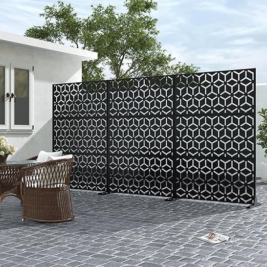 Casaphoria 72" H x 47" W Metal Outdoor Privacy Screen, Freestanding Decorative Divider for Patio, Deck, Balcony, and Garden with Stable Base, Black Bob