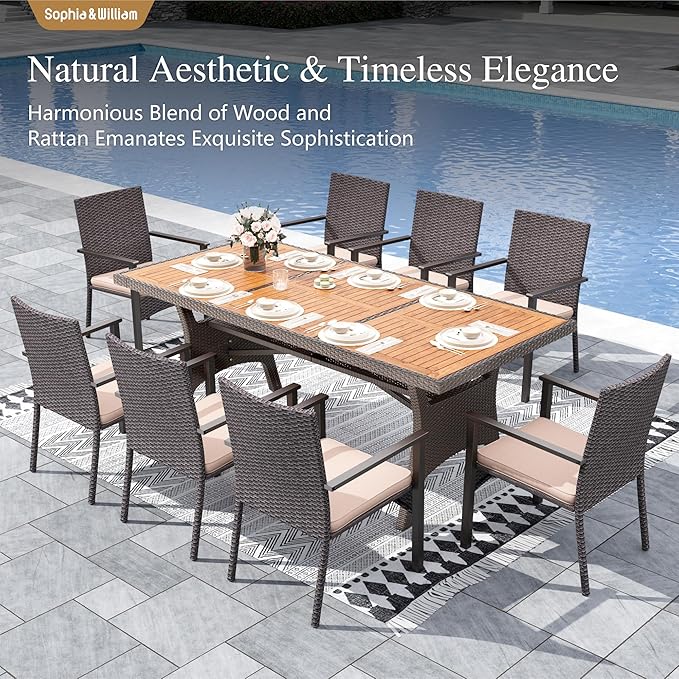 Sophia & William 9 Piece Patio Dining Set, Patio Table and Chairs Set Outdoor Dining Set for 8, Acacia Wood Patio Dining Table Set with PE Rattan Wicker Chairs for Garden, Porch, Backyard
