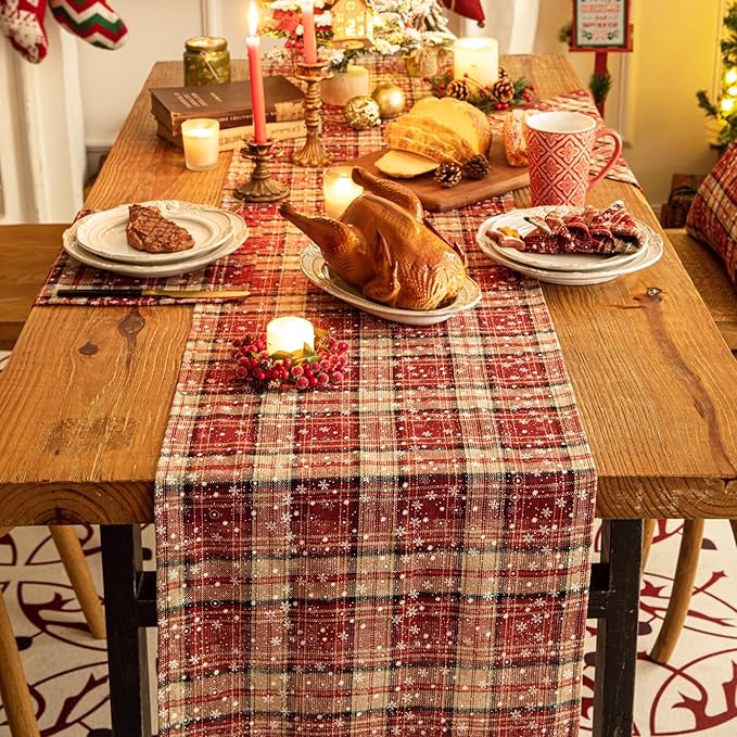 Red Plaid Snowflake Christmas Table Runner, Winter Holiday Table Runners 108 inches Long Xmas Decorations Indoor Outdoor Farmhouse Home Kitchen Dining Party Decor