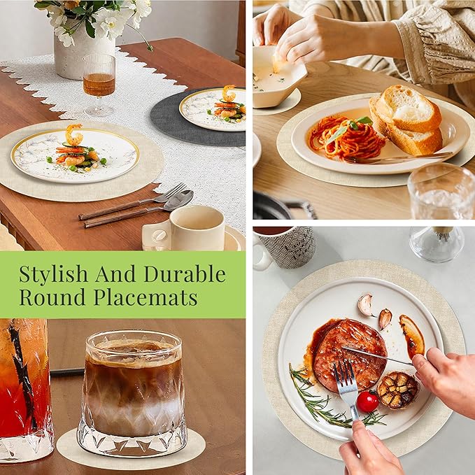 13-Inch Faux Leather Round Placemats Set of 8, Waterproof Anti-Slip Dual Sided Place mats, Heat Resistant Washable Table Mats with Coaster, Suitable for Indoor & Outdoor (8, Black Beige)
