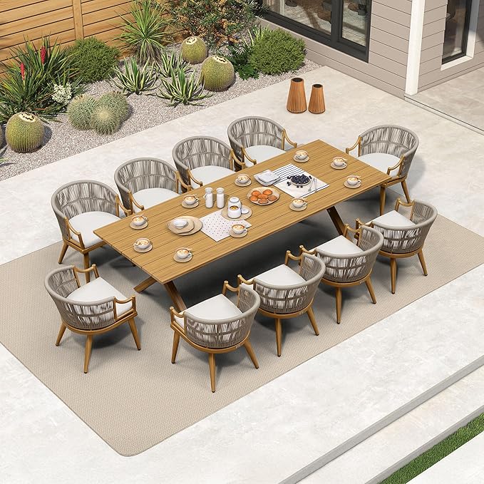 PURPLE LEAF 11 Pieces Outdoor Dining Set All Weather Wicker Patio Dining Set with Rectangular Aluminum Table and Modern Armrest Dining Chairs for Garden Deck Backyard Kitchen, Teak