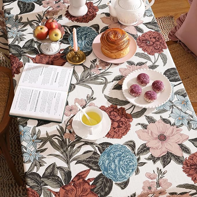 Designer French Linen Tablecloth for Rectangle Table,Red and Blue Floral Durable Long Tablecloths,Decor Table Cover for Kitchen,Dining,Thanksgiving,Home,Farmhouse,63" × 94"-Burgundyred