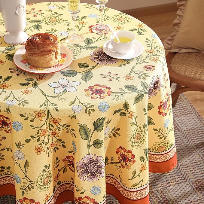 Vintage Linen Small Tablecloth for Round Table,Yellow Floral French Wrinkle Free Tablecloths,Decorative Table Cover for Kitchen,Dining,Thanksgiving,Farmhouse,Diameter 55"-Bellano