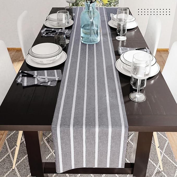 Encasa XO Cotton Dining Table Runner | Roma Grey Stripes | Size 13x118 in - Machine Washable & Durable