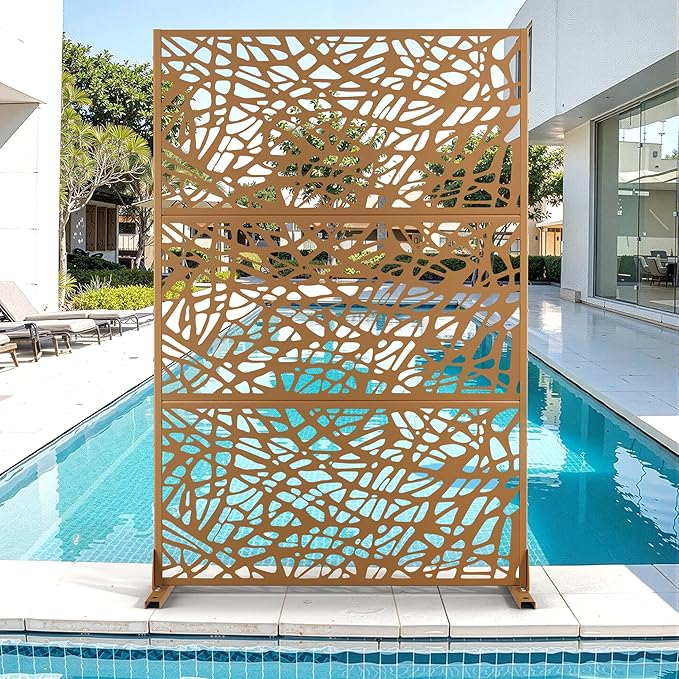 Metal Privacy Screen for Outdoor & Indoor Use, Free Standing Privacy Screen for Patio Garden Pool, 72" H x 47" W Decoative Privacy Panels, Weather Resistant, Easy Assembly (Brown Net)
