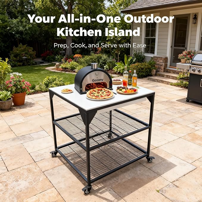 JIN BETTER GRILL PARTS Heavy-Duty Steel Frame Outdoor Kitchen Cart | Stainless Steel Tabletop & 4 Locking Wheels | 31.5" Versatile BBQ Workstation for Ninja, Blackstone, Pizza Ovens