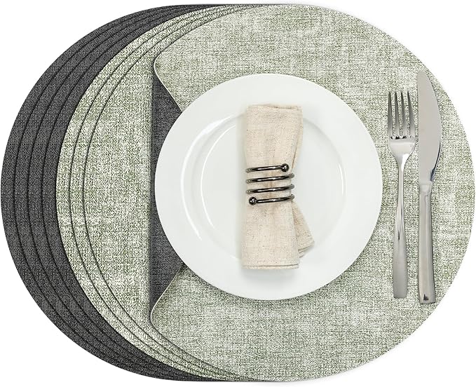 Myir JUN Round Placemats Dual Sided, Faux Leather Place Mats Set of 4 Indoor Placemats for Dining Table Outdoor Placemats Non-Slip Washable Table Mats (Set of 8, Gray Grass Green)