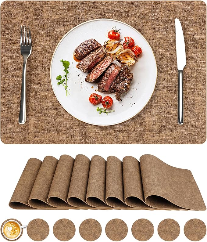 Vinyl Placemats Set of 8, Faux Leather Waterproof and Heat Resistant Place Mats, Washable Anti-Slip Table Mats with Coaster, Wipeable Placemats for Indoor & Outdoor 17" x 12" (Light Brown, Set of 8)