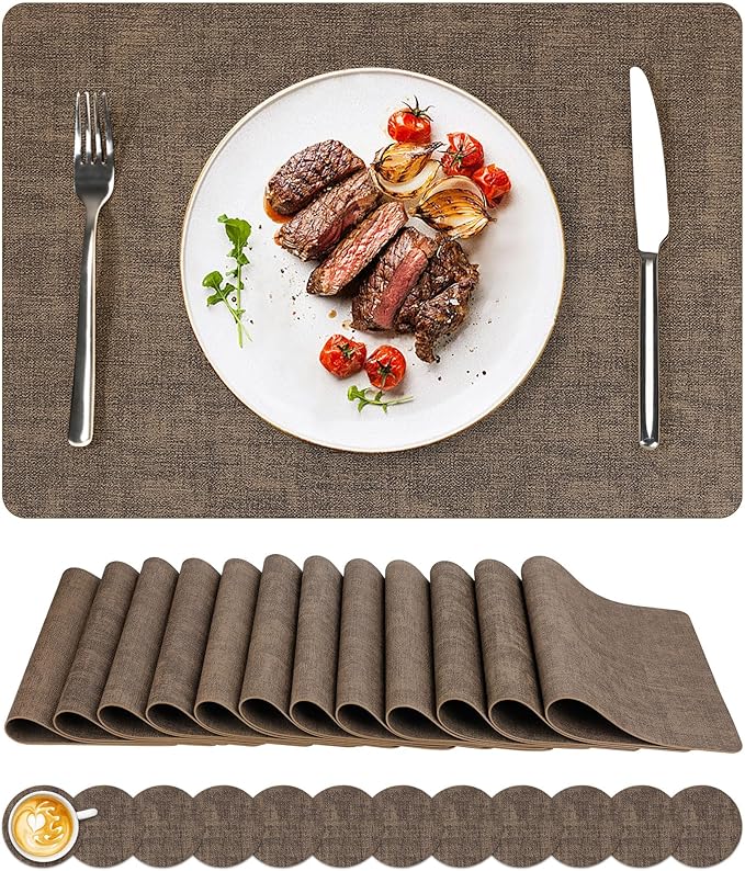 Vinyl Placemats Set of 12, Faux Leather Waterproof and Heat Resistant Place Mats, Washable Anti-Slip Table Mats with Coaster, Wipeable Placemats for Indoor & Outdoor 17" x 12" (Dark Coffee, Set of 12)