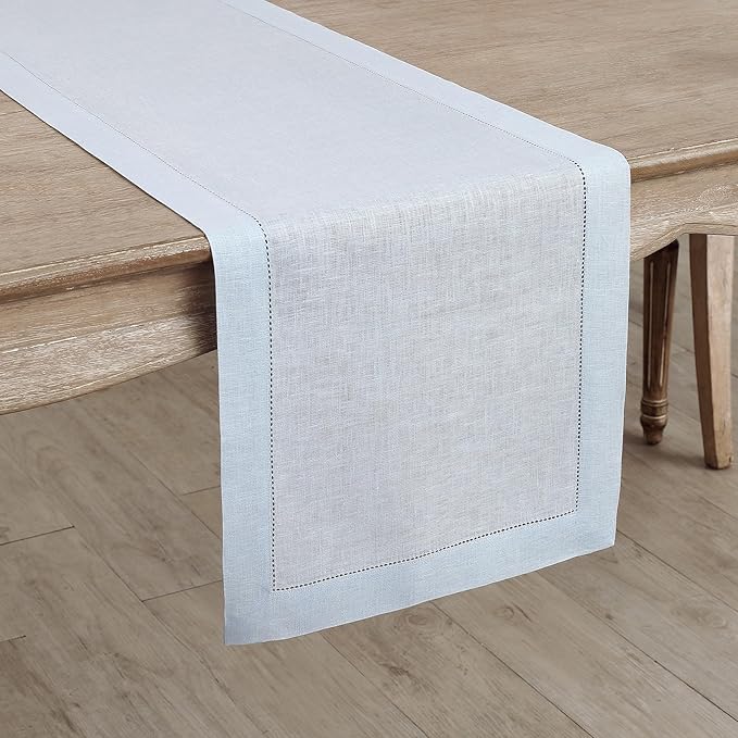 Solino Home Linen Light Blue Table Runner 60 Inches - Classic Hemstitch, 100% Pure Linen Coffee Table Runner 14 x 60 Inch Ideal for Dresser Tables, Spring, Easter
