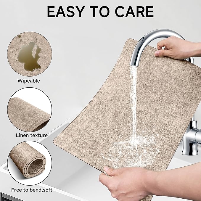 Faux Leather Vinyl Placemats Set of 4 Wipeable Heat Resistant Place Mats 100% Washable - Waterproof - Anti Slip Reversible Table Mats for Kitchen/Dining/Party/Outdoor, 12" x 16.5", Khaki