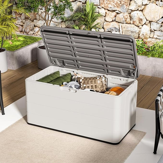 TARKARI Premium Pro Edition 100 Gallon Lockable Resin Deck Box, Waterproof & UV-Resistant Outdoor Storage Box for Outdoor Cushion Storage, Garden Tools & Pool Accessories Storage, White