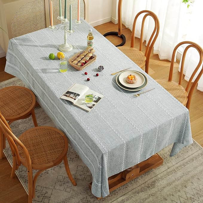Chassic 60 x 120 inches Farmhouse Style Linen tablecloths, Wrinkle Resistant Washable Dining Room Table Cloths for 8 Foot Rectangle Tables - Hemstitch Light Grey