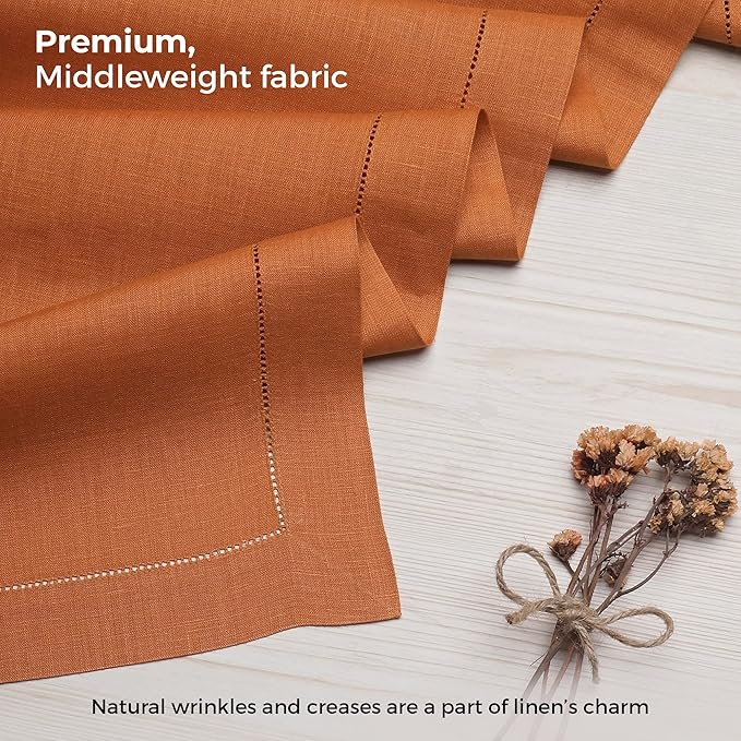 D'Moksha Homes Linen Rust Table Runner 48 Inches - Classic Hemstitch, 100% Pure Linen Coffee Table Runner 14 x 48 Inch Ideal for Dresser Tables - Spring, Easter