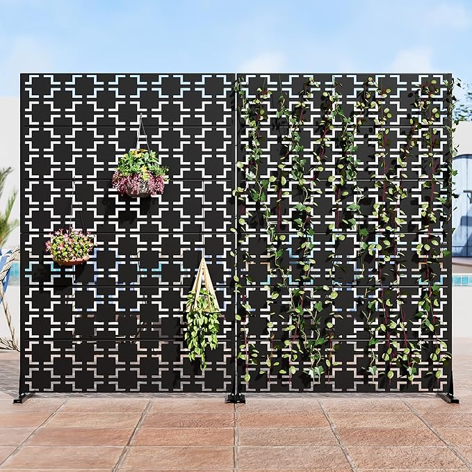 Casaphoria Metal Privacy Screen Outdoor, 72" H x 47" W Freestanding Decorative Privacy Screen for Patio Deck Balcony Garden with Stable Base, Black-Brick