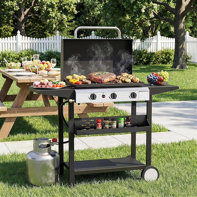 3 Burner BBQ Gas Griddle with Hood, 25.6 Inch Stainless Steel Portable Detachable Propane Griddle, 45,000 BTU Flat Top Grill with Side Shelves for Camping, Silver