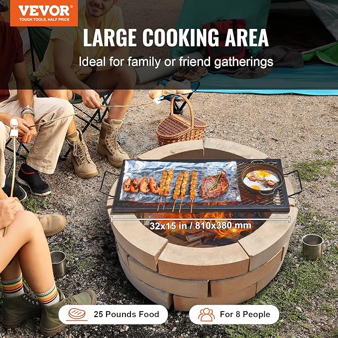 VEVOR X-Marks Fire Pit Grill Grate, Rectangle Cooking Grate, Heavy Duty Steel Campfire BBQ Grill Grid with Handle & Support X Wire, Portable Camping Cookware for Outside Party Gathering, 32 Inch Black
