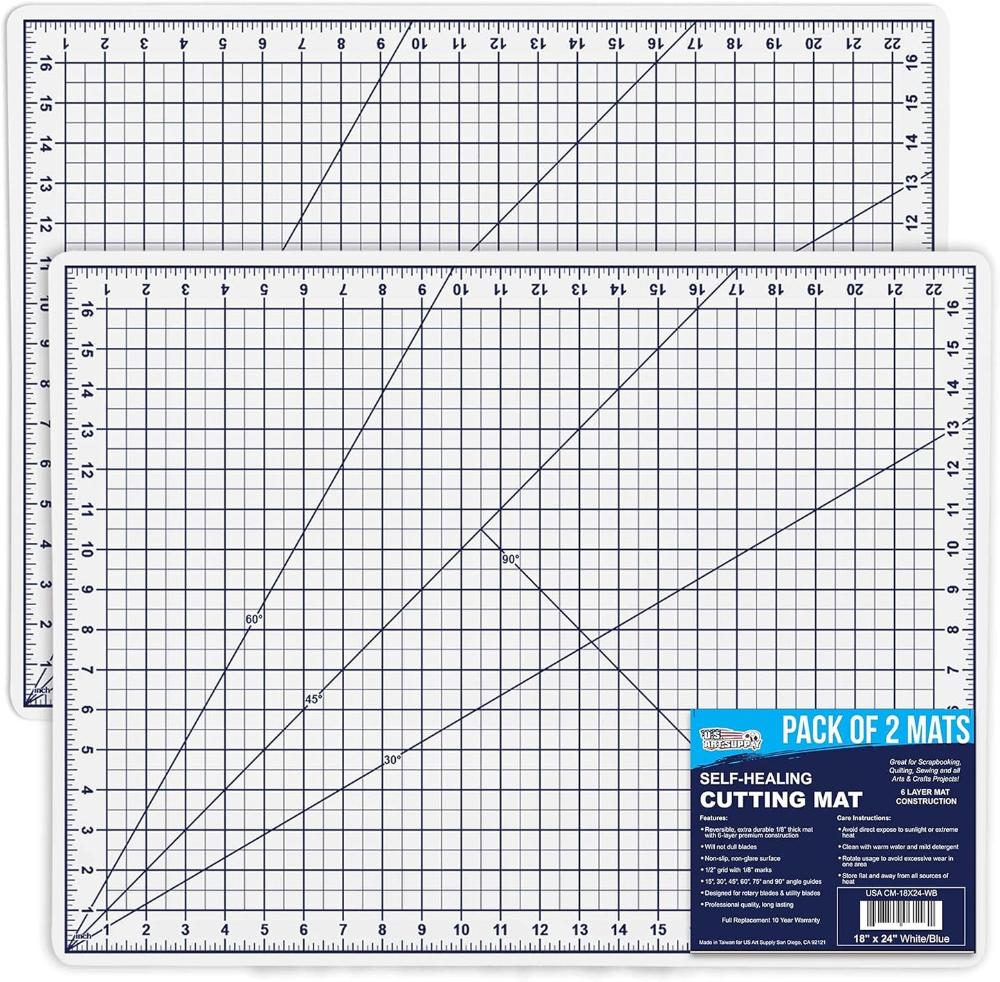 U.S. Art Supply 18" x 24" Self-Healing Cutting Mat 5-Ply (2 Pack) - Double-Sided White/Blue Craft Mat, Non-Slip Cutting Mats for Crafts, Sewing, Quilting, Scrapbooking