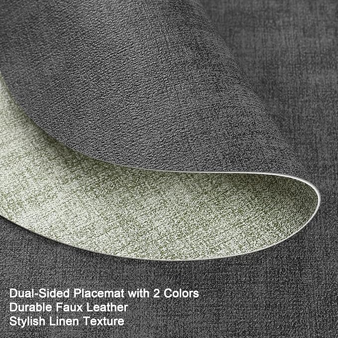 Myir JUN Round Placemats Dual Sided, Faux Leather Place Mats Set of 6 Indoor Placemat for Dining Table Outdoor Place mat Non-Slip Washable Table Mats (Gray Grass Green, Set of 6)
