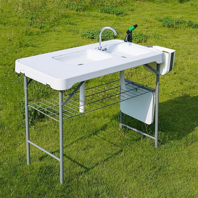 Allpop Fish Cleaning Table with 2 Sinks & Grid Rack, 42.5'' Portable Folding Camping Fish Station with Foldable Faucet, Drainage Hose, Sprayer, Storage Box, Drawer & Grooves for Picnic, White