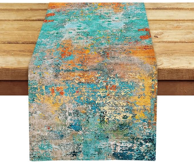OYIMUA Modern Abstract Teal Yellow Colorful Table Runner 13 x 72 Inches Summer Runners for Tables Rustic Spring Fall Decorations for Home Indoor Outdoor Table Decor